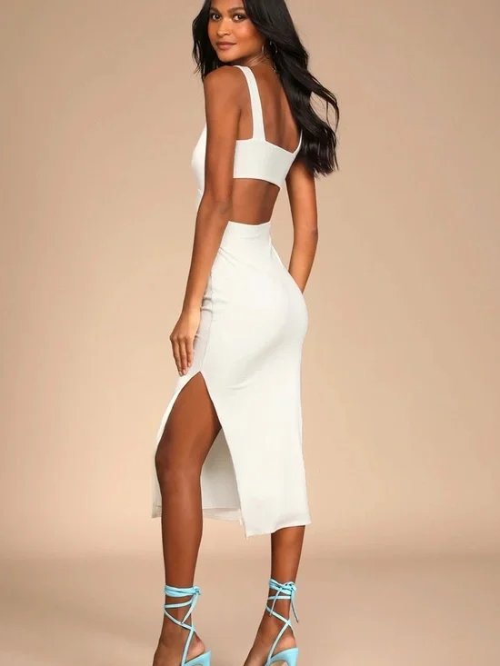 Lulu's White Ribbed Cutout V-Neck Midi Dress - Picture 2 of 4